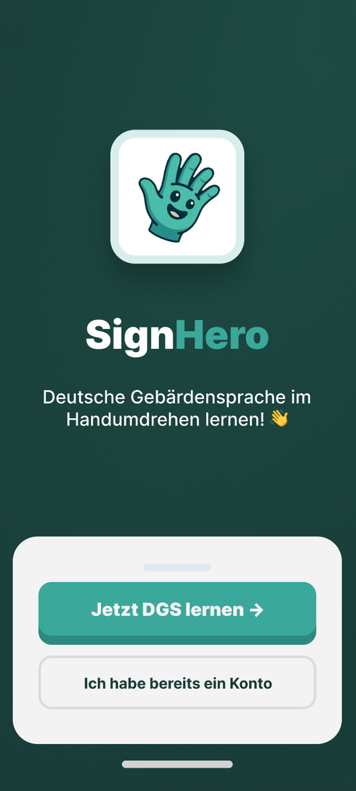 SignHero App-Startbildschirm für Deutsche Gebärdensprache